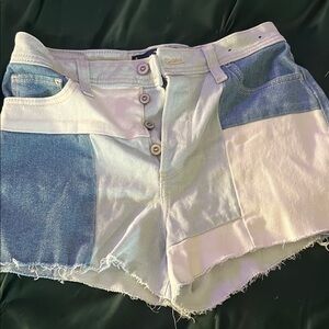 Hollister Blue and White Jean Shorts with Distressed Hem